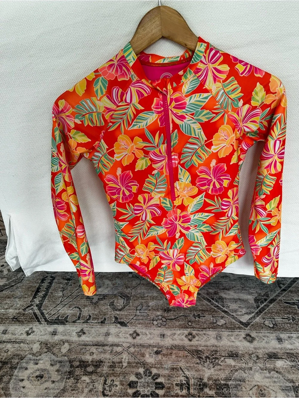 Wonder Nation Girls Zip Up Rash Guard One Piece Swimsuit with long sleeves